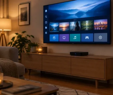 WLAN-Repeater an einer Steckdose im Wohnzimmer neben Smart-TV, Symbolbild zum Vergleich FRITZ!Repeater 1200 AX und TP-Link RE330 (KI-generiert)