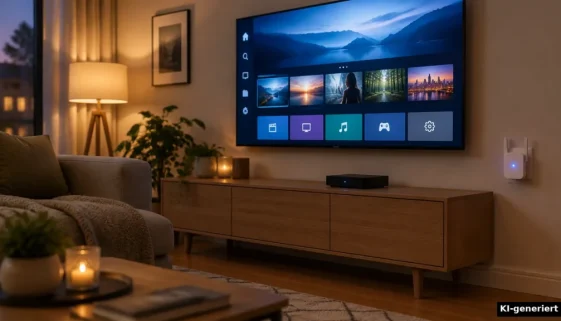 WLAN-Repeater an einer Steckdose im Wohnzimmer neben Smart-TV, Symbolbild zum Vergleich FRITZ!Repeater 1200 AX und TP-Link RE330 (KI-generiert)