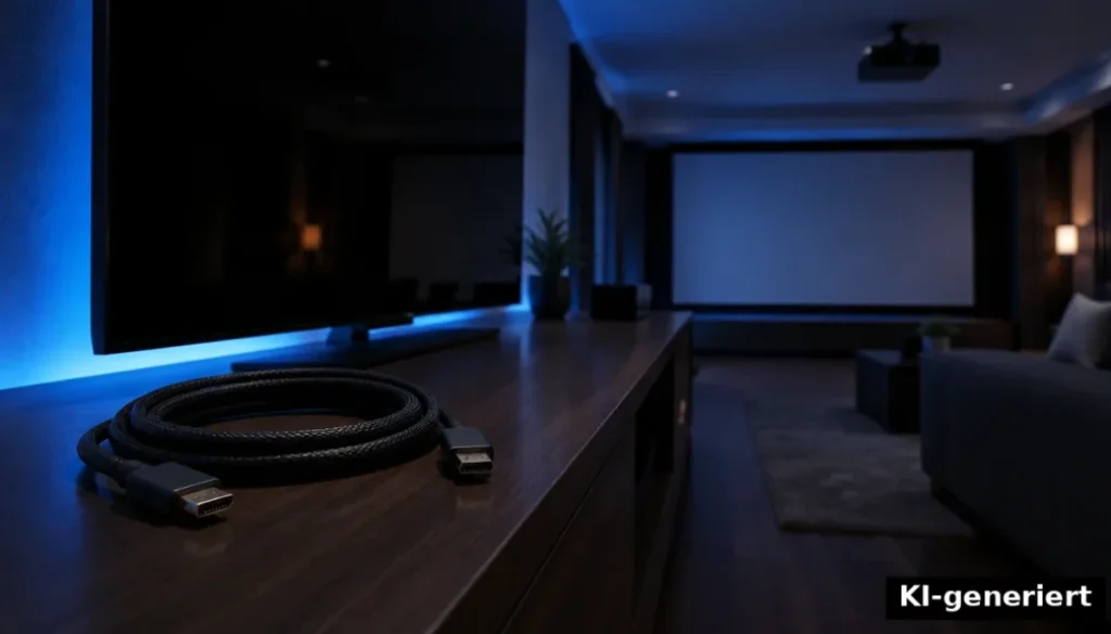 Aufgerolltes HDMI-Kabel vor dunklem Fernseher und Beamer im Heimkino (KI-generiert)