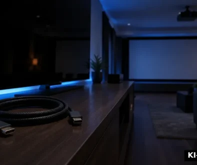 Aufgerolltes HDMI-Kabel vor dunklem Fernseher und Beamer im Heimkino (KI-generiert)