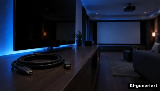 Aufgerolltes HDMI-Kabel vor dunklem Fernseher und Beamer im Heimkino (KI-generiert)