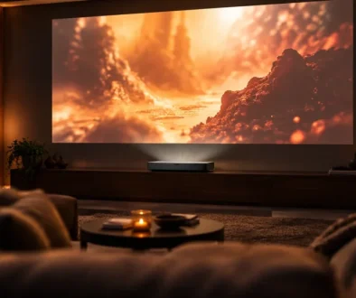 Heimkino mit Ultrakurzdistanz-Laserprojektion auf große Leinwand (KI-generiert)