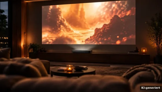 Heimkino mit Ultrakurzdistanz-Laserprojektion auf große Leinwand (KI-generiert)