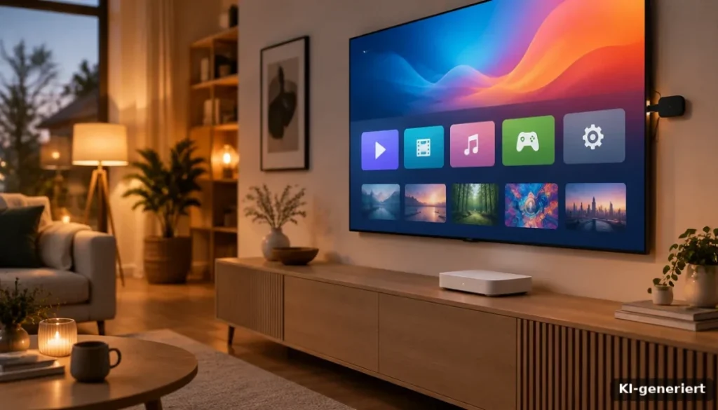 Wohnzimmer-Szene mit kleinem Streaming-Stick und Streaming-Box am Fernseher, Symbolbild zu Fire TV Stick 4K Max und Google TV Streamer für Sky Stream und WOW (KI-generiert)