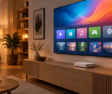 Wohnzimmer-Szene mit kleinem Streaming-Stick und Streaming-Box am Fernseher, Symbolbild zu Fire TV Stick 4K Max und Google TV Streamer für Sky Stream und WOW (KI-generiert)