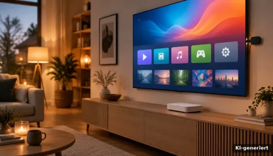 Wohnzimmer-Szene mit kleinem Streaming-Stick und Streaming-Box am Fernseher, Symbolbild zu Fire TV Stick 4K Max und Google TV Streamer für Sky Stream und WOW (KI-generiert)