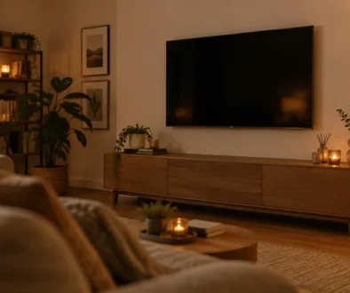 Gemütliches Wohnzimmer mit wandmontiertem Fernseher über einem Sideboard (KI-generiert)