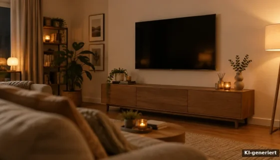 Gemütliches Wohnzimmer mit wandmontiertem Fernseher über einem Sideboard (KI-generiert)