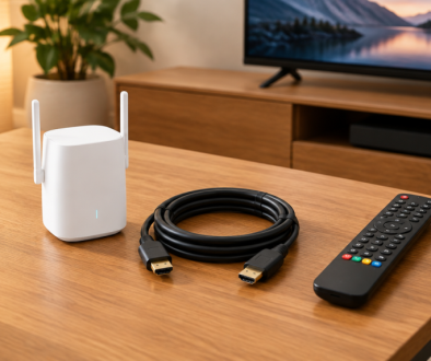 KI-generiertes Symbolbild: WLAN-Repeater, HDMI-Kabel und Fernbedienung für Sky Q und WOW