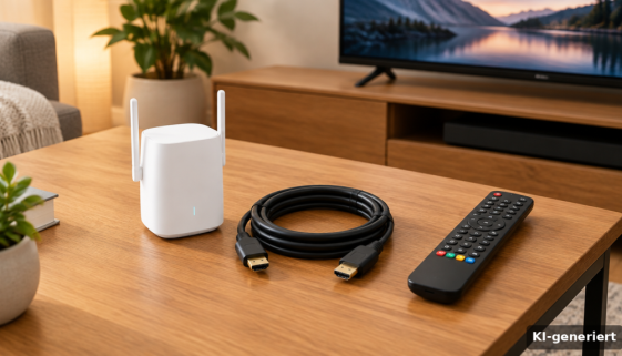 KI-generiertes Symbolbild: WLAN-Repeater, HDMI-Kabel und Fernbedienung für Sky Q und WOW